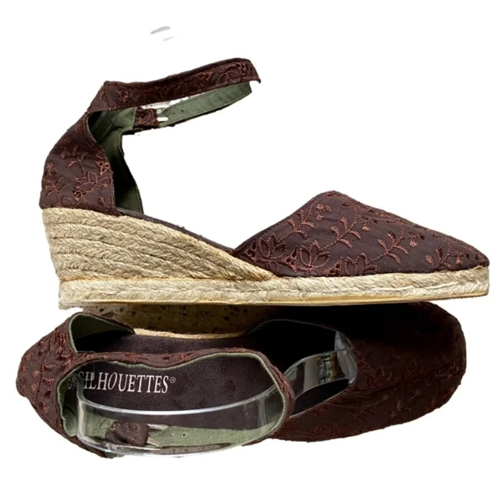 SILHOUETTES Eyelet Espadrille Ankle Strap Rope Heel Brown Women Size 10W